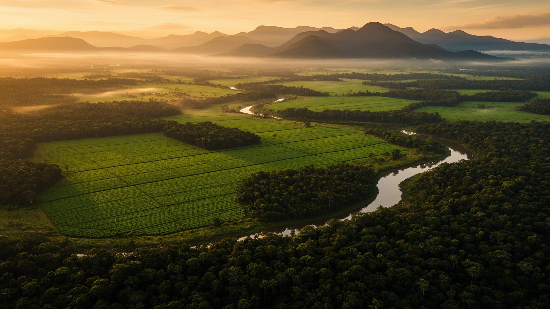 Vista aérea de fazenda brasileira ao entardecer